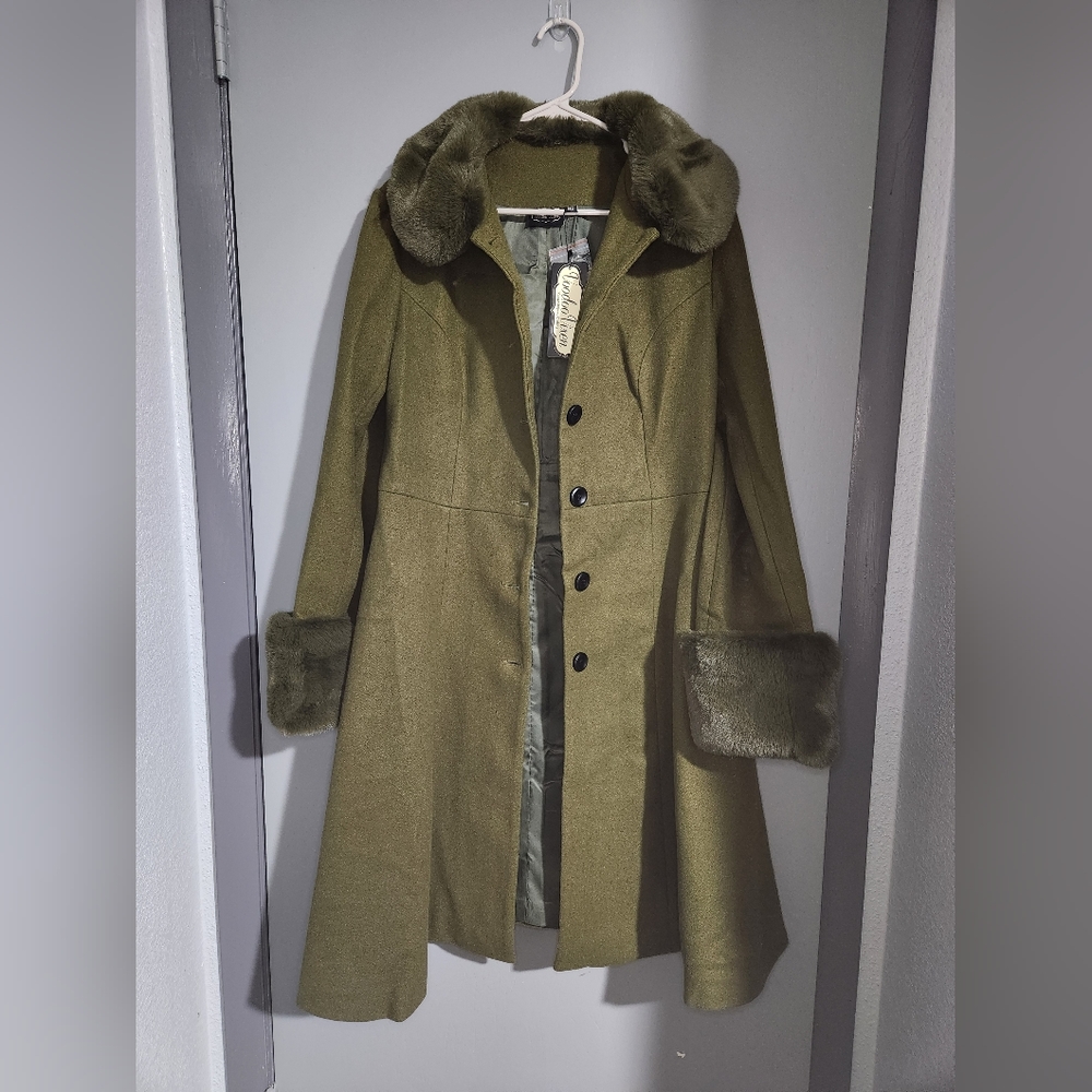 Voodoo Vixen Olive Green Coat with Faux Fur Trim